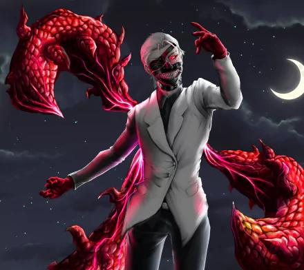 Haise Sasaki and Ken Kaneki from Tokyo Ghoul:re stand against a night sky with crescent moon, surrounded by red, monstrous kagune, in a detailed 4K Ultra HD anime wallpaper.