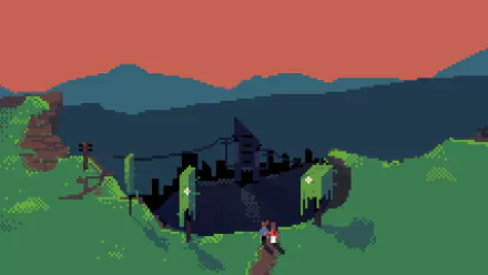 HD pixel art wallpaper featuring a person standing near a helicopter crash site in a mountainous area during dusk.