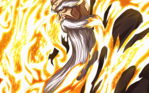 HD anime desktop wallpaper featuring Genryūsai Shigekuni Yamamoto from Bleach, surrounded by blazing flames and intense energy.