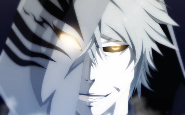 HD anime desktop wallpaper featuring Hollow Ichigo with white hair and golden eyes, alongside Zangetsu from Bleach.