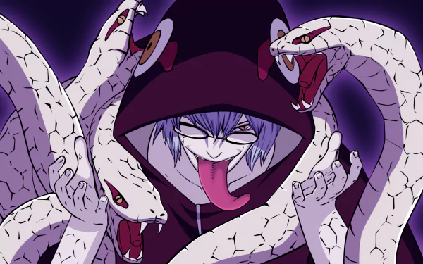 HD PC wallpaper featuring Kabuto Yakushi from Naruto, depicted with white snakes emerging around him, set against a dark purple background.
