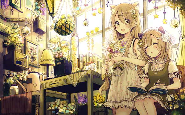 Anime-style 4K wallpaper featuring two blonde cat girls with yellow eyes, one holding flowers and the other reading a book, surrounded by flowers and soft lighting indoors.