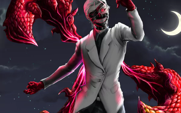 Haise Sasaki and Ken Kaneki from Tokyo Ghoul:re stand against a night sky with crescent moon, surrounded by red, monstrous kagune, in a detailed 4K Ultra HD anime wallpaper.