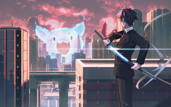 Anime character with brown hair and a tie holds a glowing sword while standing on a city rooftop, overlooking a giant, glowing creature in the sky. HD desktop wallpaper and background.
