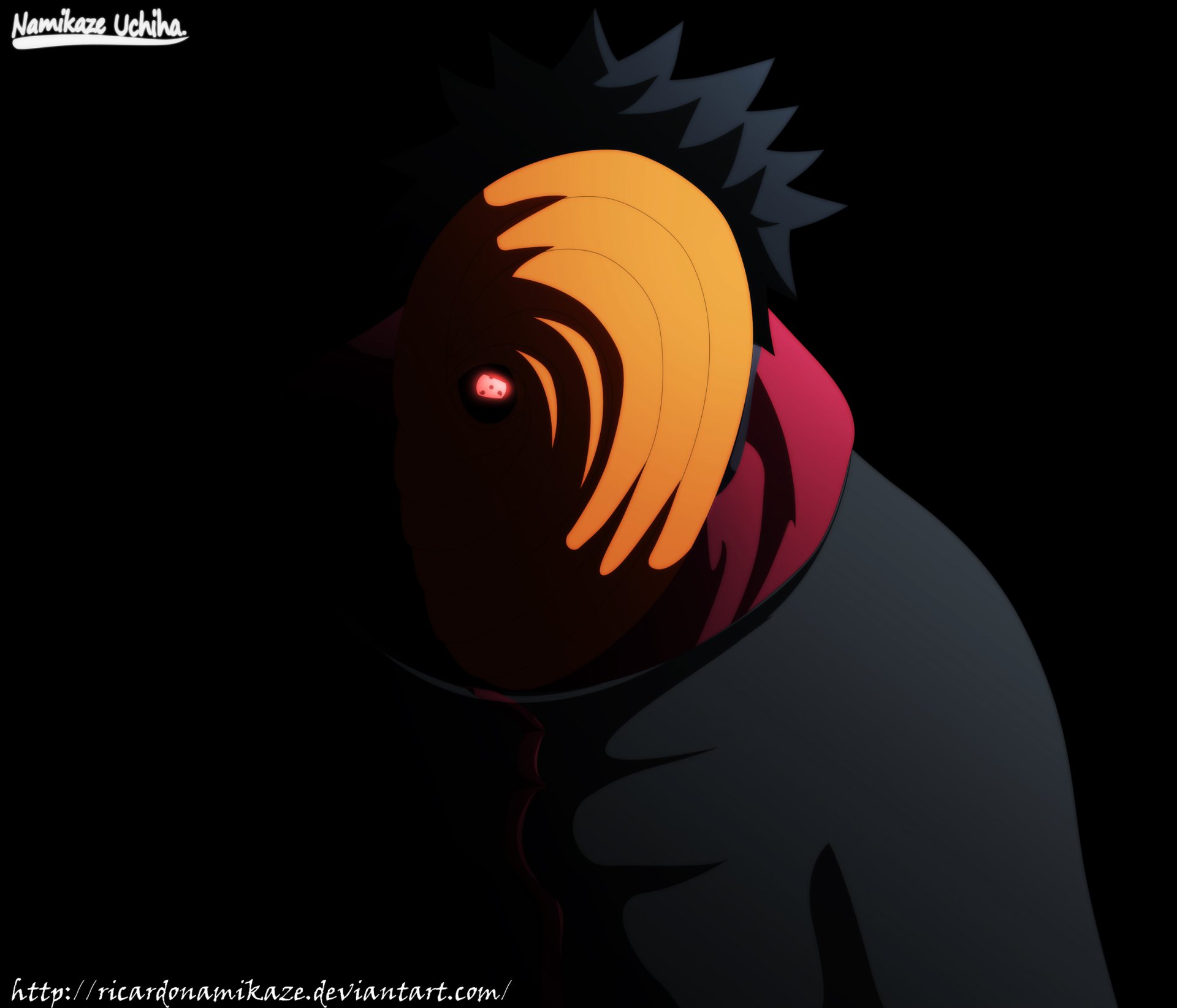Dark themed HD desktop wallpaper featuring Obito Uchiha from the anime Naruto. The image highlights his iconic masked silhouette and intense red eye.