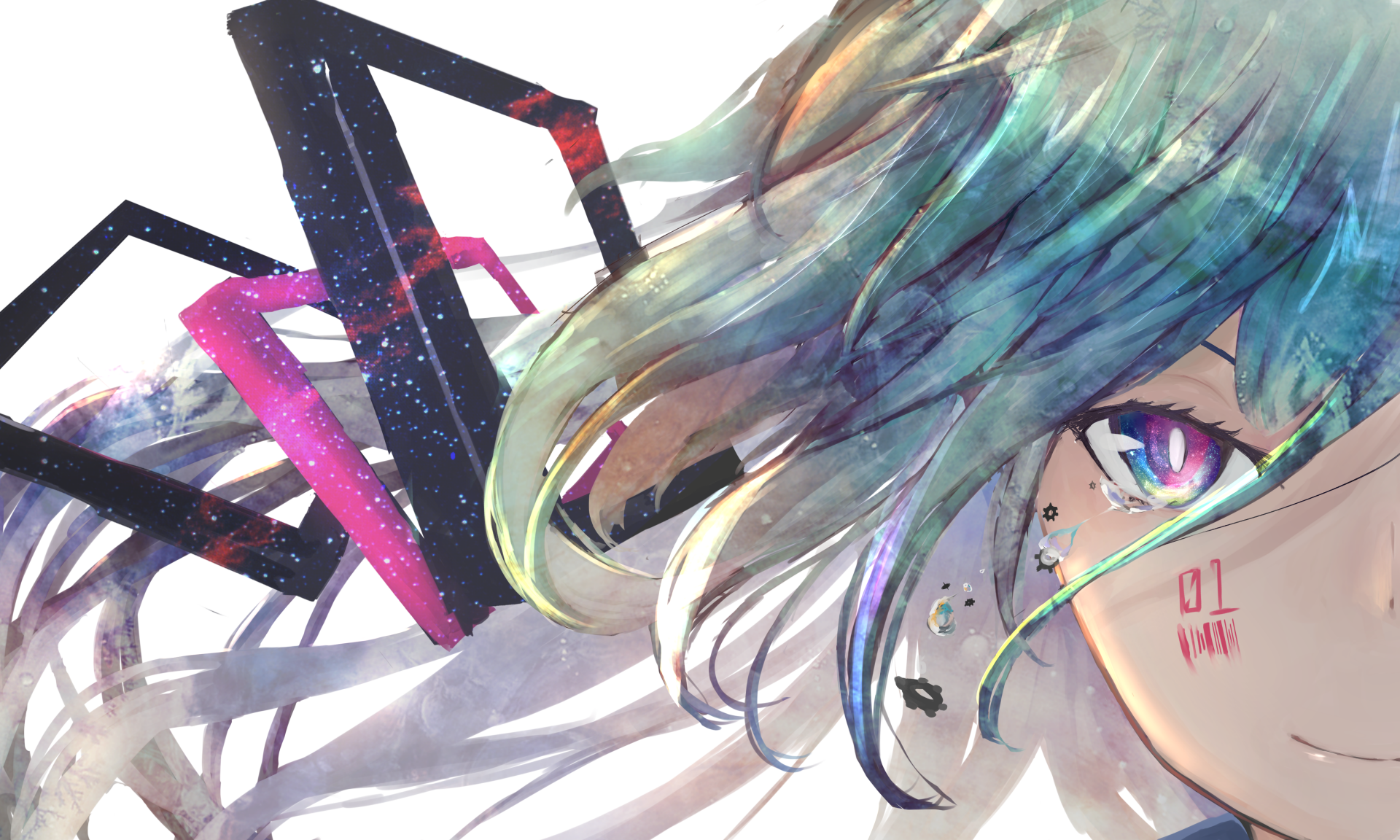 HD wallpaper featuring Hatsune Miku from Vocaloid. The anime-styled artwork focuses on Miku's colorful hair and expressive eye, set against a dynamic, abstract background.