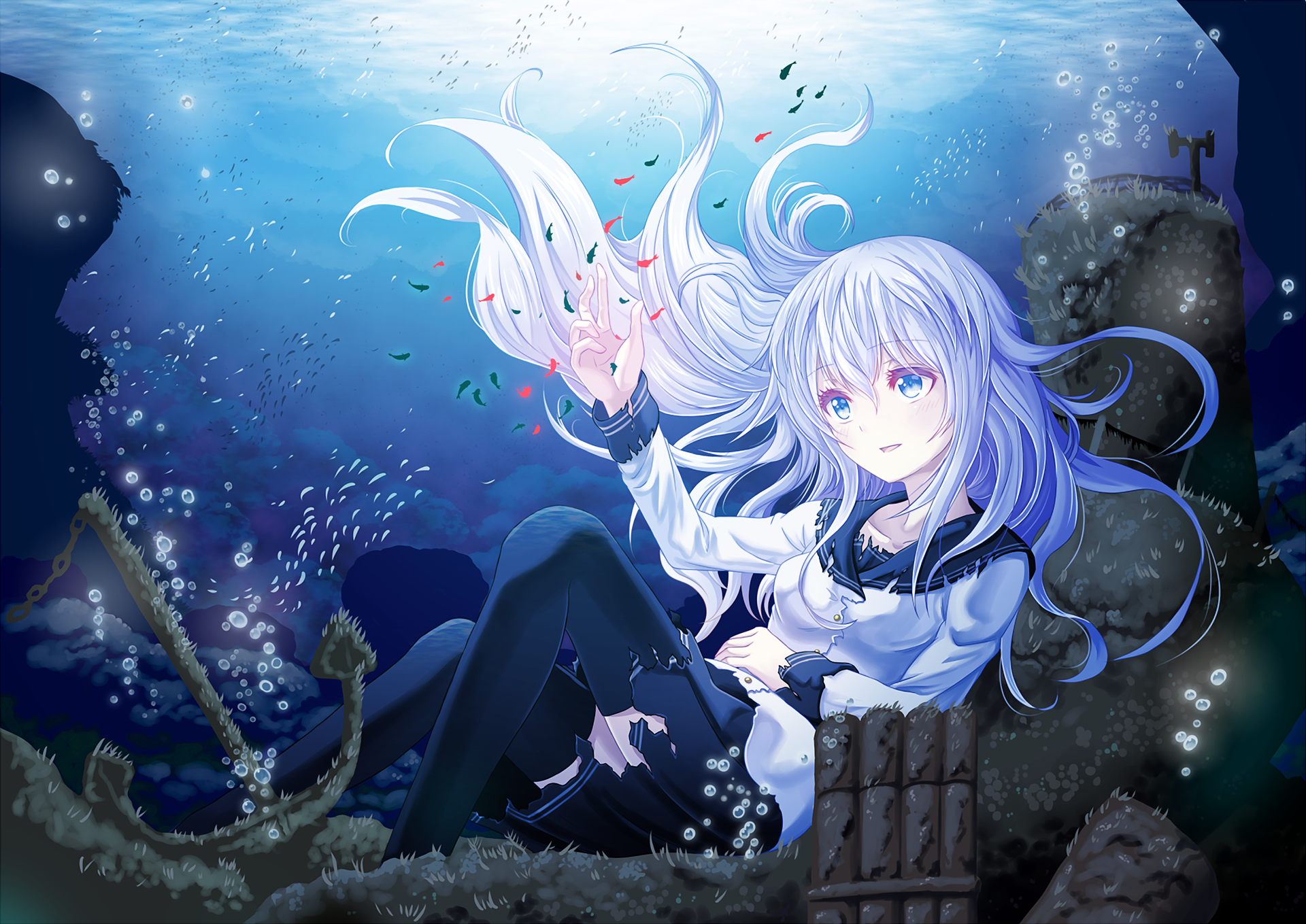 Hibiki from Kantai Collection depicted underwater with flowing silver hair and a navy-inspired outfit in this HD anime PC desktop wallpaper and background.