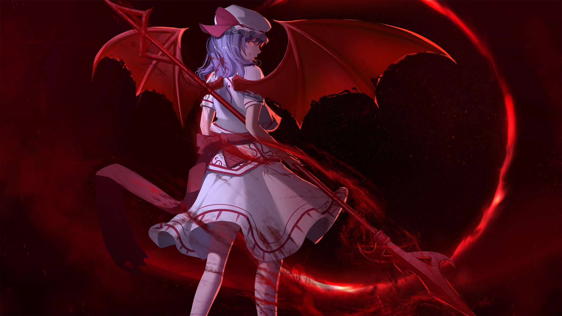 HD PC desktop wallpaper of Remilia Scarlet (Touhou) — anime vampire girl in a frilled dress with bat wings and a red polearm against a blood-red crescent backdrop.