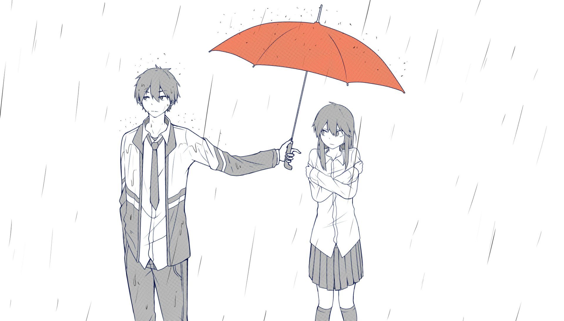 A boy in a school uniform holds a red umbrella over a girl as rain falls around them, capturing a heartfelt moment in an original anime style. HD desktop wallpaper.
