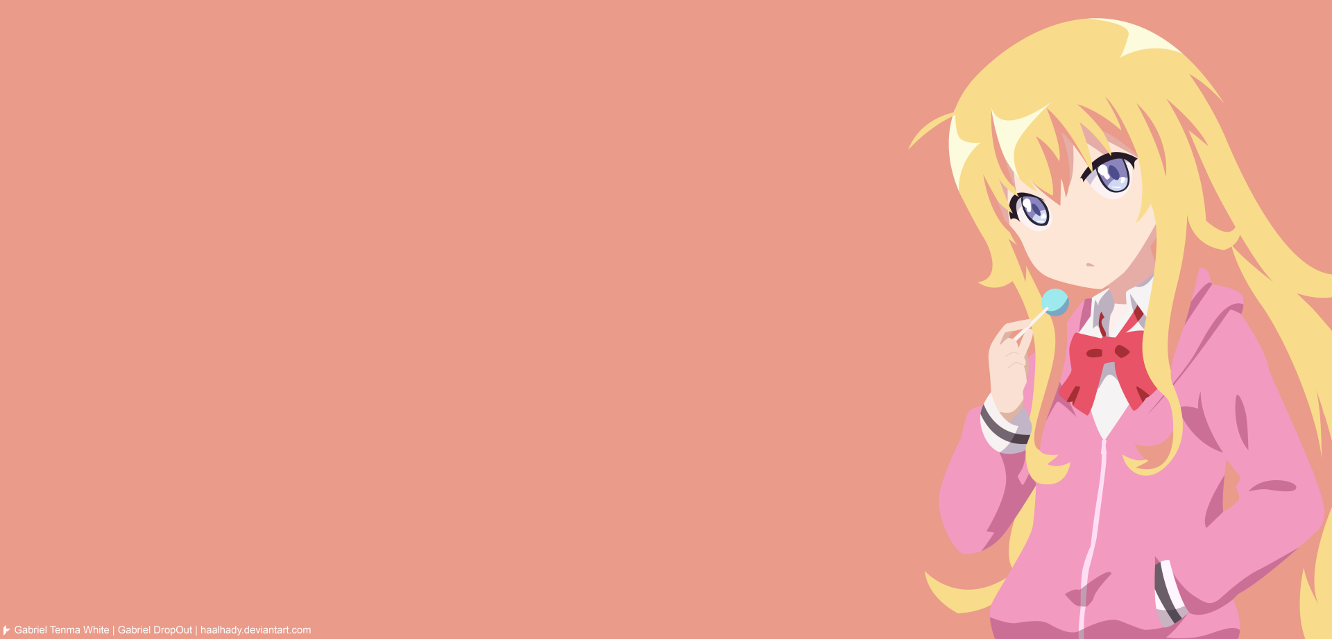 5K Ultra HD anime desktop wallpaper of Gabriel Tenma White from Gabriel DropOut — long blonde hair, aqua eyes, pink outfit on a minimalist peach background.