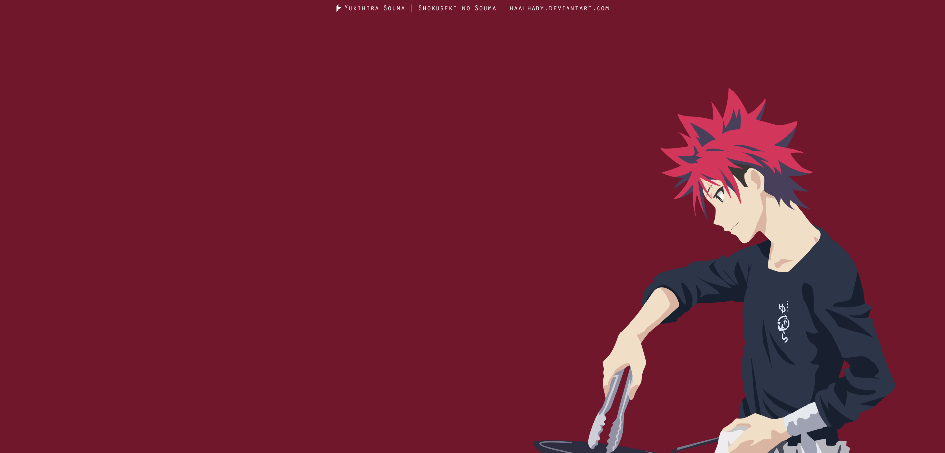 Sōma Yukihira from Food Wars: Shokugeki no Soma cooking at a pan against a deep red backdrop — anime 5K Ultra HD PC desktop wallpaper.