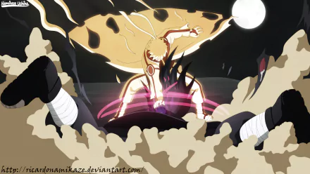 4K Ultra HD PC desktop wallpaper: Naruto Uzumaki and Madara Uchiha clash amid dust and glowing chakra, intense anime action.