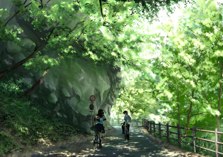 Two figures ride bikes along a tree-lined path, surrounded by lush greenery. The scene features anime-style artwork, with one character having short black hair and the other long hair.