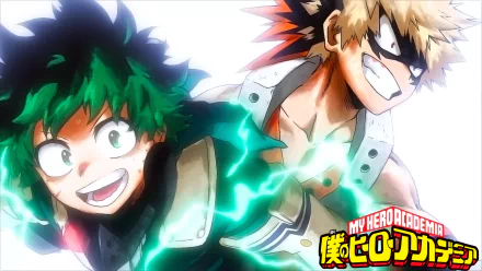 HD PC desktop wallpaper featuring vibrant anime characters Izuku Midoriya and Katsuki Bakugo from My Hero Academia in dynamic poses.