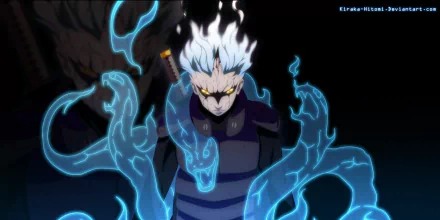 HD PC desktop wallpaper featuring Mitsuki from Naruto surrounded by glowing blue snake-like energy, set against a dark, mystical background in anime style.
