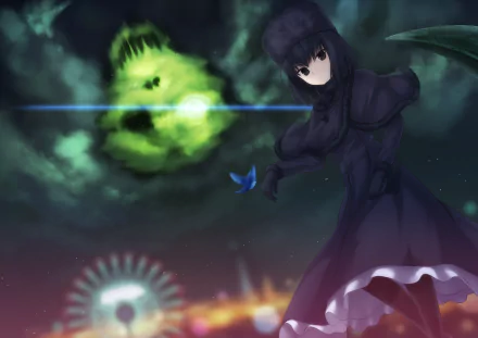 HD PC desktop wallpaper featuring an anime scene from Witch On The Holy Night, showing a dark-clad character with a glowing green spirit and vibrant nighttime cityscape.