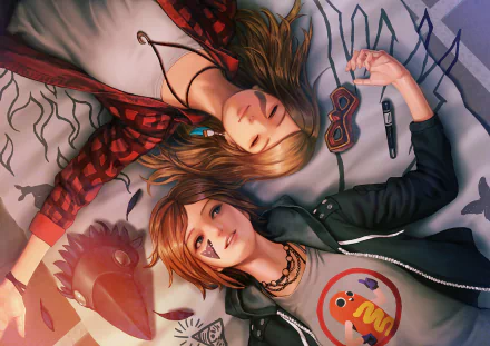 HD PC desktop wallpaper featuring Chloe Price and Rachel Amber from the video game Life Is Strange: Before The Storm, lying side by side in a relaxed pose.