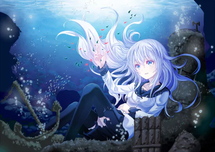 Hibiki from Kantai Collection depicted underwater with flowing silver hair and a navy-inspired outfit in this HD anime PC desktop wallpaper and background.