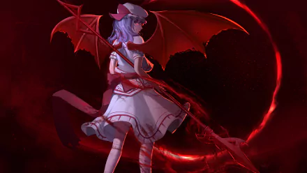 HD PC desktop wallpaper of Remilia Scarlet (Touhou) — anime vampire girl in a frilled dress with bat wings and a red polearm against a blood-red crescent backdrop.