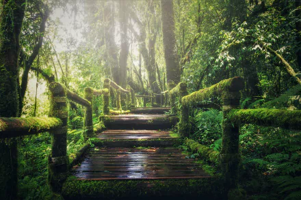A serene 4K Ultra HD forest scene with a moss-covered boardwalk winding through dense green trees and lush greenery.