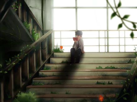 Anime original HD PC desktop wallpaper of a black-haired youth reading on overgrown abandoned stairs, soft sunlight through high windows, plants quietly reclaiming the scene.