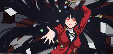 HD desktop wallpaper featuring Yumeko Jabami from the anime Kakegurui, with a dynamic pose, red eyes, and vibrant black hair adorned with small cards and flowers.