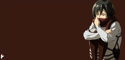 Mikasa Ackerman from Attack on Titan sits thoughtfully against a dark brown background in this 4K Ultra HD anime desktop wallpaper.