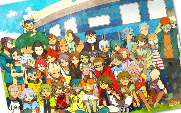 HD PC desktop wallpaper featuring a large cast of colorful characters from the anime Inazuma Eleven GO, set against a bright sky and a blue train background.