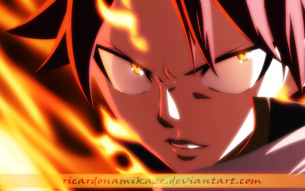 Close-up of Natsu Dragneel from Fairy Tail, depicted with intense eyes and surrounded by fiery flames in a vibrant 4K Ultra HD anime desktop wallpaper.