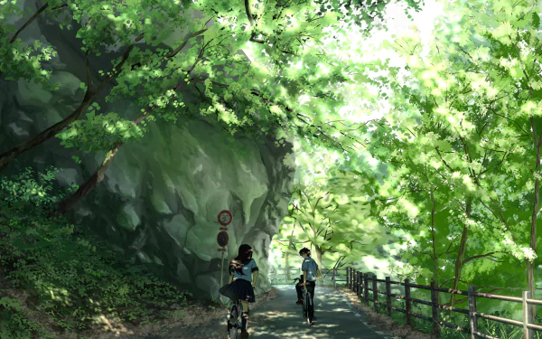 Two figures ride bikes along a tree-lined path, surrounded by lush greenery. The scene features anime-style artwork, with one character having short black hair and the other long hair.