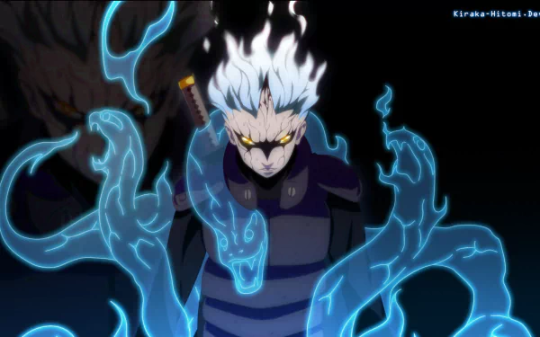HD PC desktop wallpaper featuring Mitsuki from Naruto surrounded by glowing blue snake-like energy, set against a dark, mystical background in anime style.