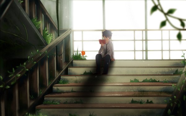 Anime Original Stairs Black Hair Reading Abandoned HD Wallpaper | Background Image