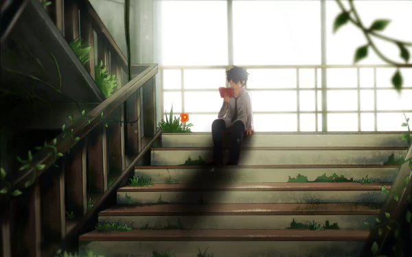 Anime original HD PC desktop wallpaper of a black-haired youth reading on overgrown abandoned stairs, soft sunlight through high windows, plants quietly reclaiming the scene.