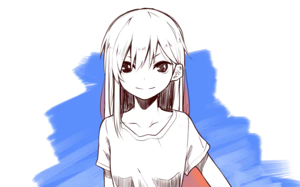 Anime-style original sketch of a white-haired, black-eyed girl smiling against a blue brushstroke backdrop — HD PC desktop wallpaper and background.