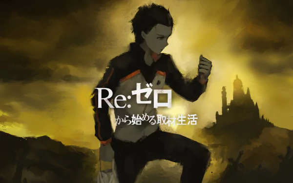 HD desktop wallpaper featuring Subaru Natsuki from the anime Re:Zero - Starting Life in Another World, showcasing him in a dramatic pose with a castle in the background.