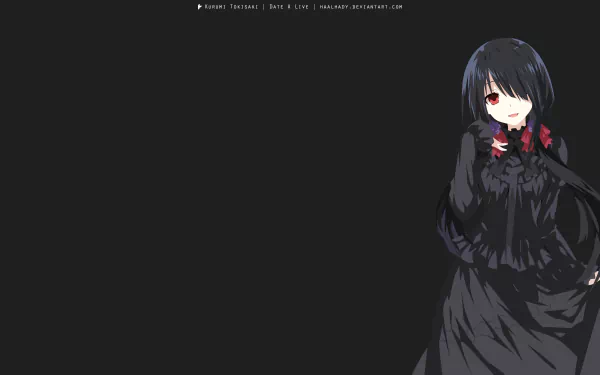 Anime character Kurumi Tokisaki from Date A Live with long black hair and red eyes, featured in a 4K Ultra HD desktop wallpaper with a dark minimalistic background.