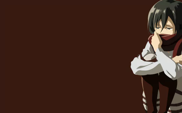 Mikasa Ackerman from Attack on Titan sits thoughtfully against a dark brown background in this 4K Ultra HD anime desktop wallpaper.