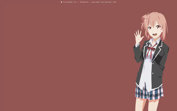 Minimalist 4K Ultra HD PC wallpaper featuring Yui Yuigahama from My Teen Romantic Comedy SNAFU in a school uniform against a solid muted background.