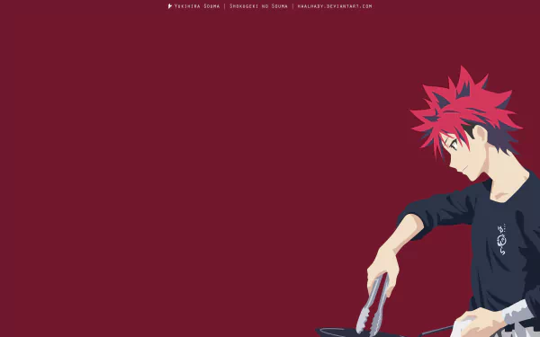 Sōma Yukihira from Food Wars: Shokugeki no Soma cooking at a pan against a deep red backdrop — anime 5K Ultra HD PC desktop wallpaper.