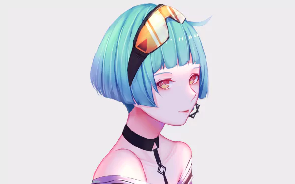 2K Quad HD desktop wallpaper of ZAS M21 from Girls Frontline: short teal bob, pink eyes, headband goggles and choker, side profile in anime video game art.