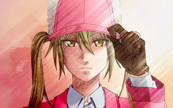 HD anime wallpaper featuring Eosinophil from Cells at Work!, showcasing her determined expression and distinctive pink uniform.