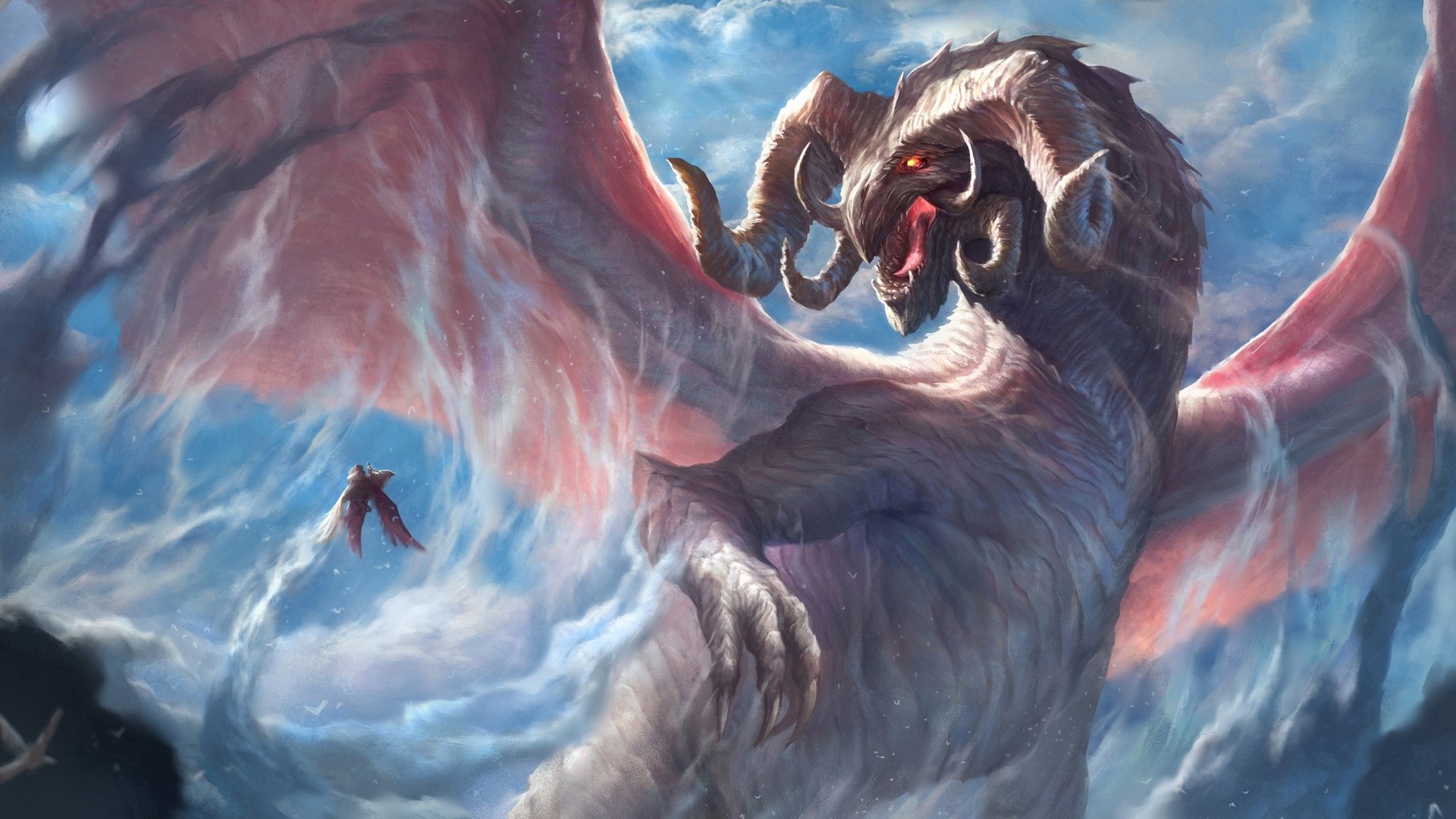 HD fantasy desktop wallpaper depicting a mighty griffin-like dragon with large horns soaring through vibrant, cloud-filled skies.