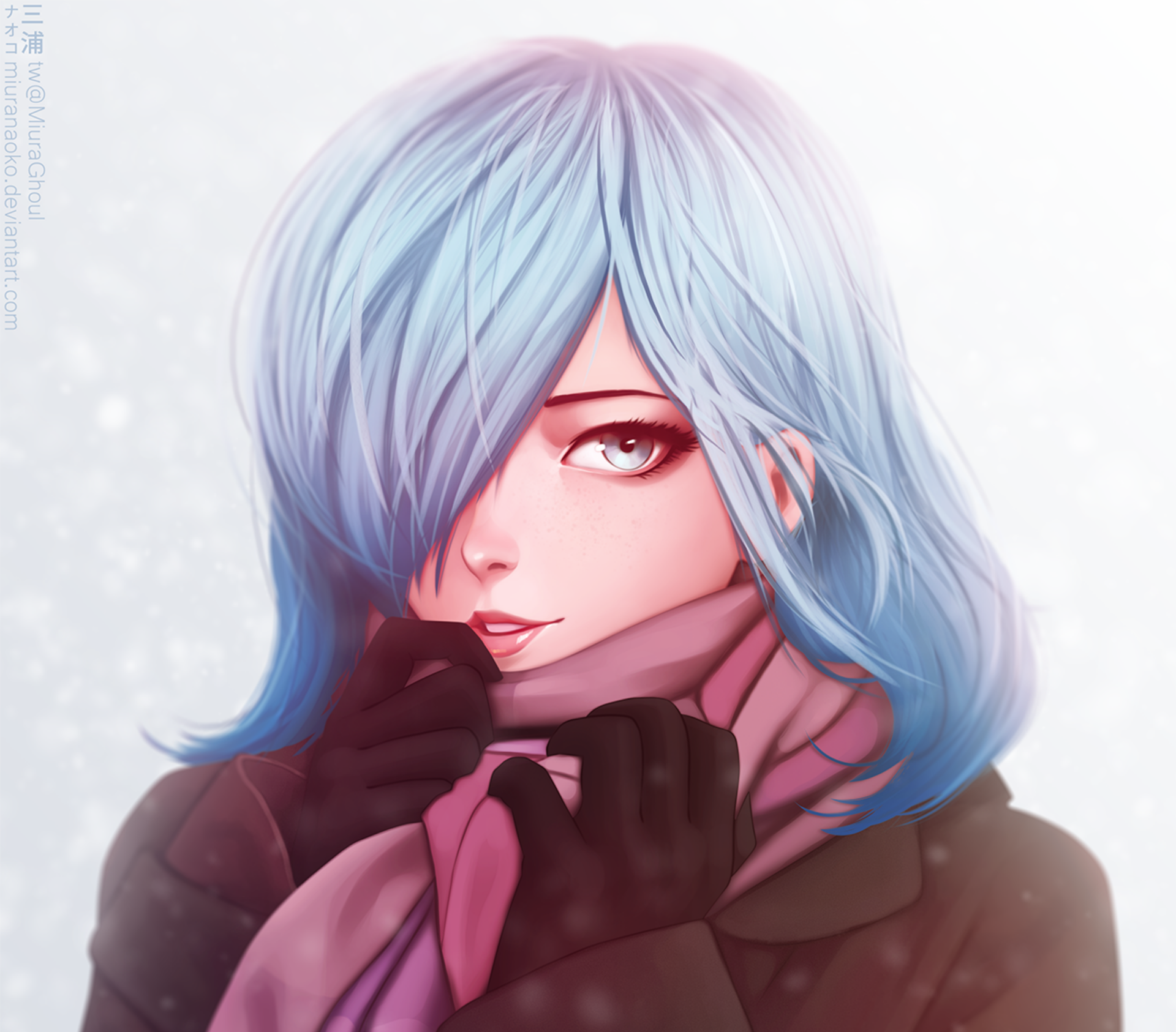 Anime character Touka Kirishima from Tokyo Ghoul:re with blue eyes and blue hair, wearing a scarf, featured in an HD desktop wallpaper and background.
