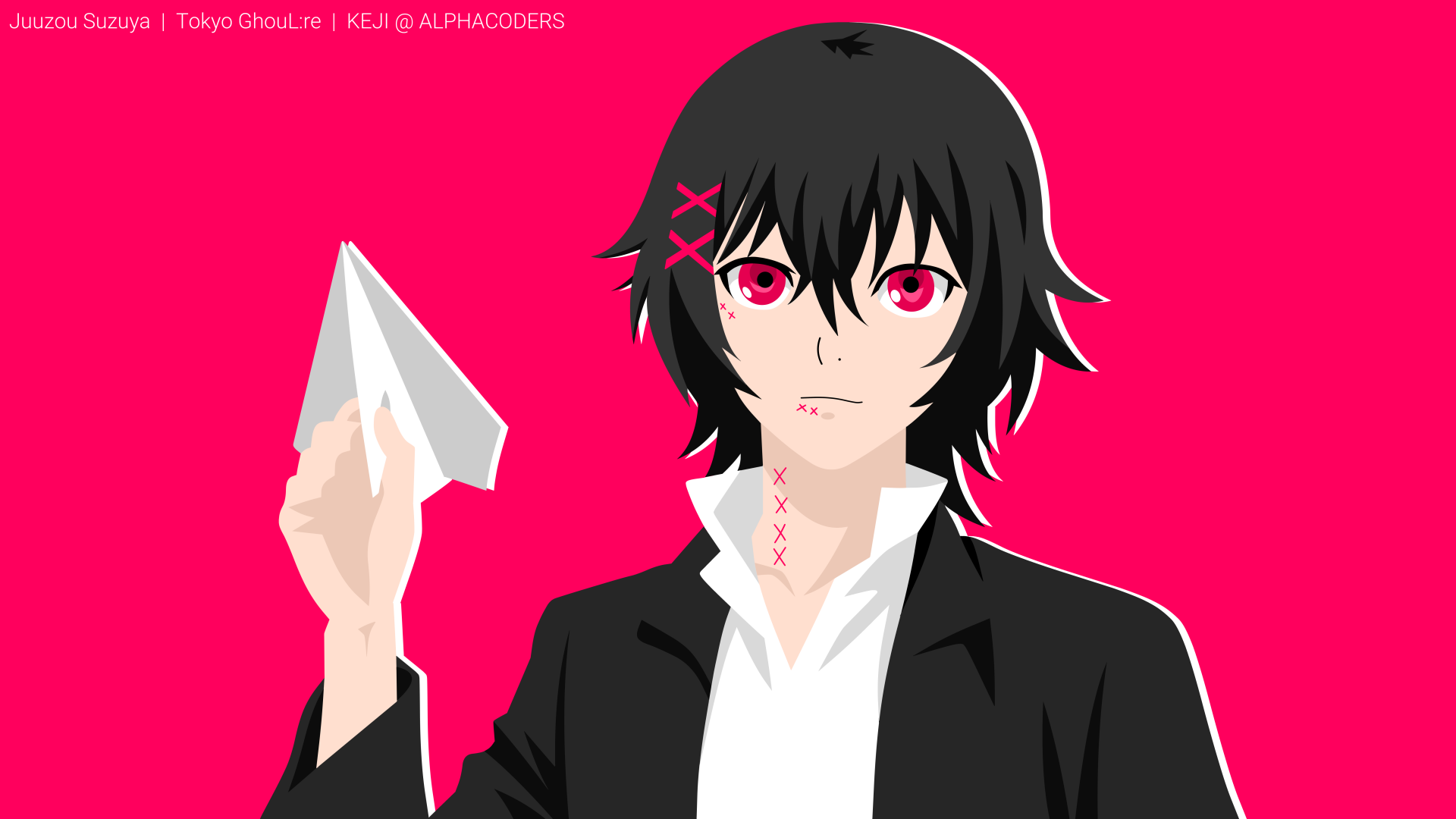Minimalist 8K Ultra HD wallpaper of Juuzou Suzuya from Tokyo Ghoul:re with black hair and striking pink eyes against a bold pink background in anime style.