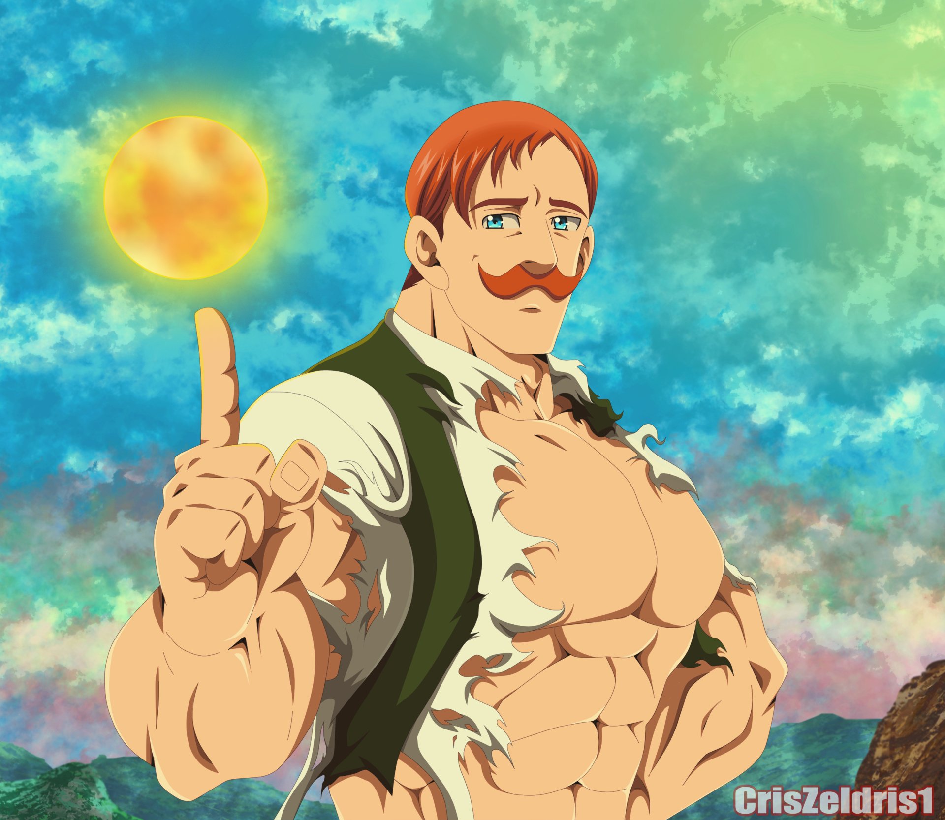 HD PC desktop wallpaper featuring Escanor from the anime The Seven Deadly Sins, showcasing his muscular build and signature sun power against a vibrant sky background.
