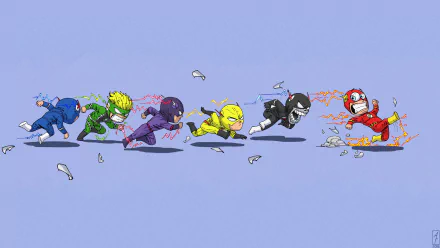 HD desktop wallpaper featuring animated versions of Flash and Reverse-Flash from DC Comics in a dynamic race, with papers flying around, suggesting high speed.