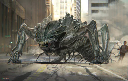 HD PC desktop wallpaper background showing a massive armored creature from the movie Pacific Rim: Uprising prowling a devastated city street.