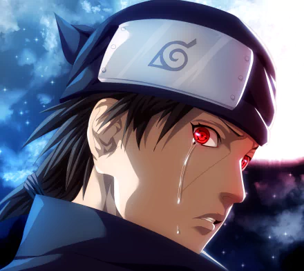 HD desktop wallpaper of Itachi Uchiha from the anime Naruto, with tears streaming from his Sharingan eyes against a dramatic background.