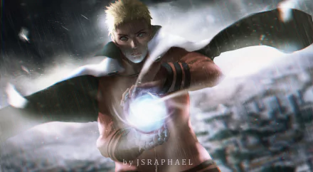 HD wallpaper featuring Naruto Uzumaki from the anime series Boruto, showing him using a powerful jutsu with an intense look. By JSRAPHAEL.