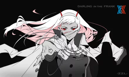 HD desktop wallpaper featuring Zero Two from Darling in the FranXX. She has pink hair and red horns, set against a black background with the series title in light text.